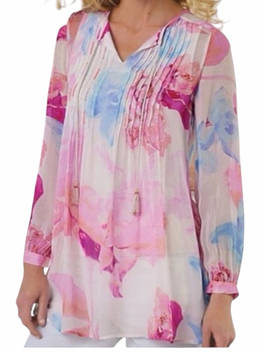 Soft Surroundings "Bed of Roses" Pink/Cream Watercolor Floral Tunic Blouse L
